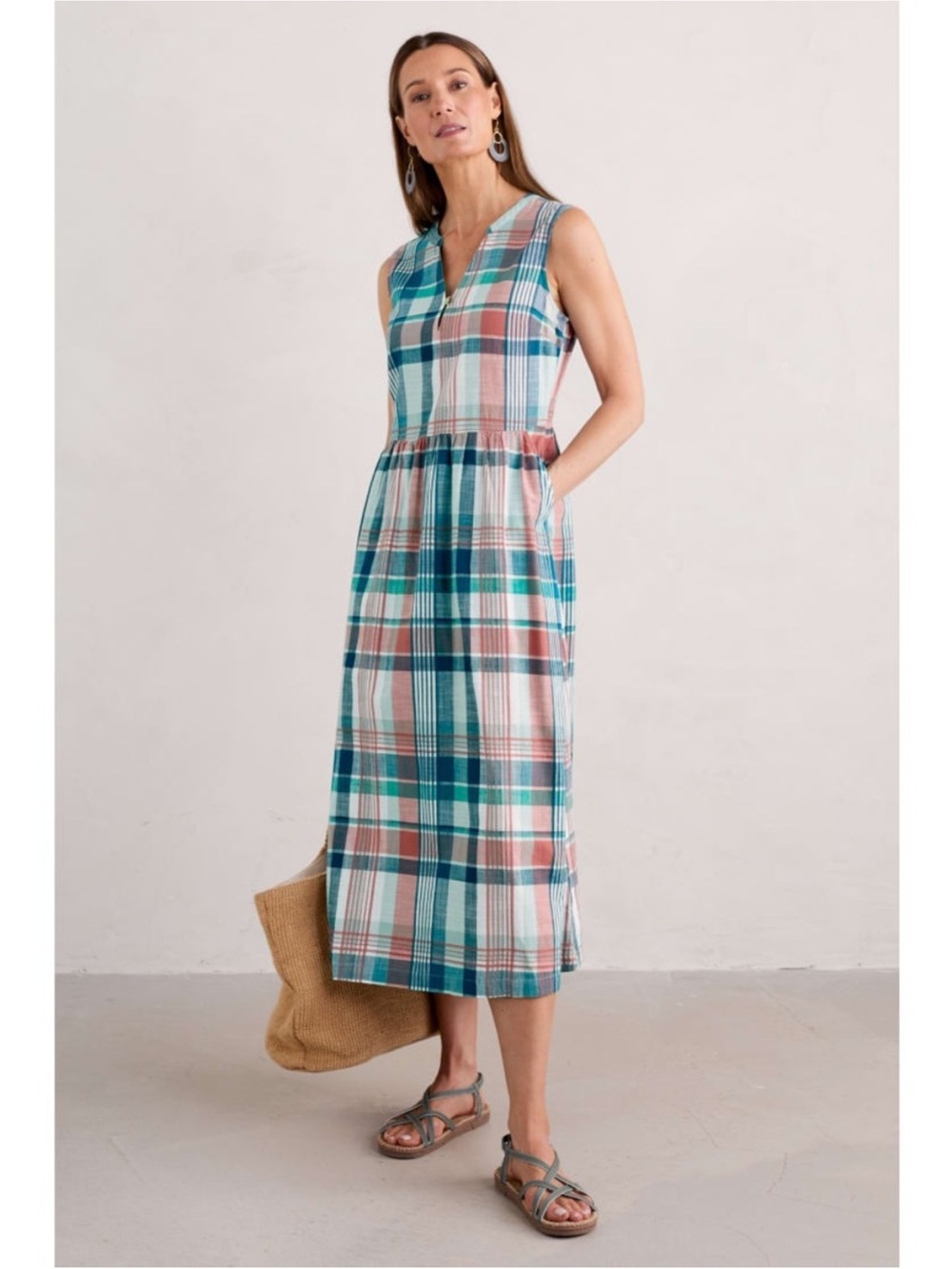 Seasalt Cornwall Bassett Wood Organic Cotton Check Plaid Midi Dress Teal Pink 4 - Picture 3 of 15